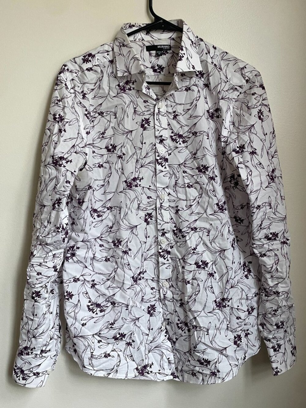 MURANO Slim Fit Long Sleeve Floral Print Dress Shirt M White Purple